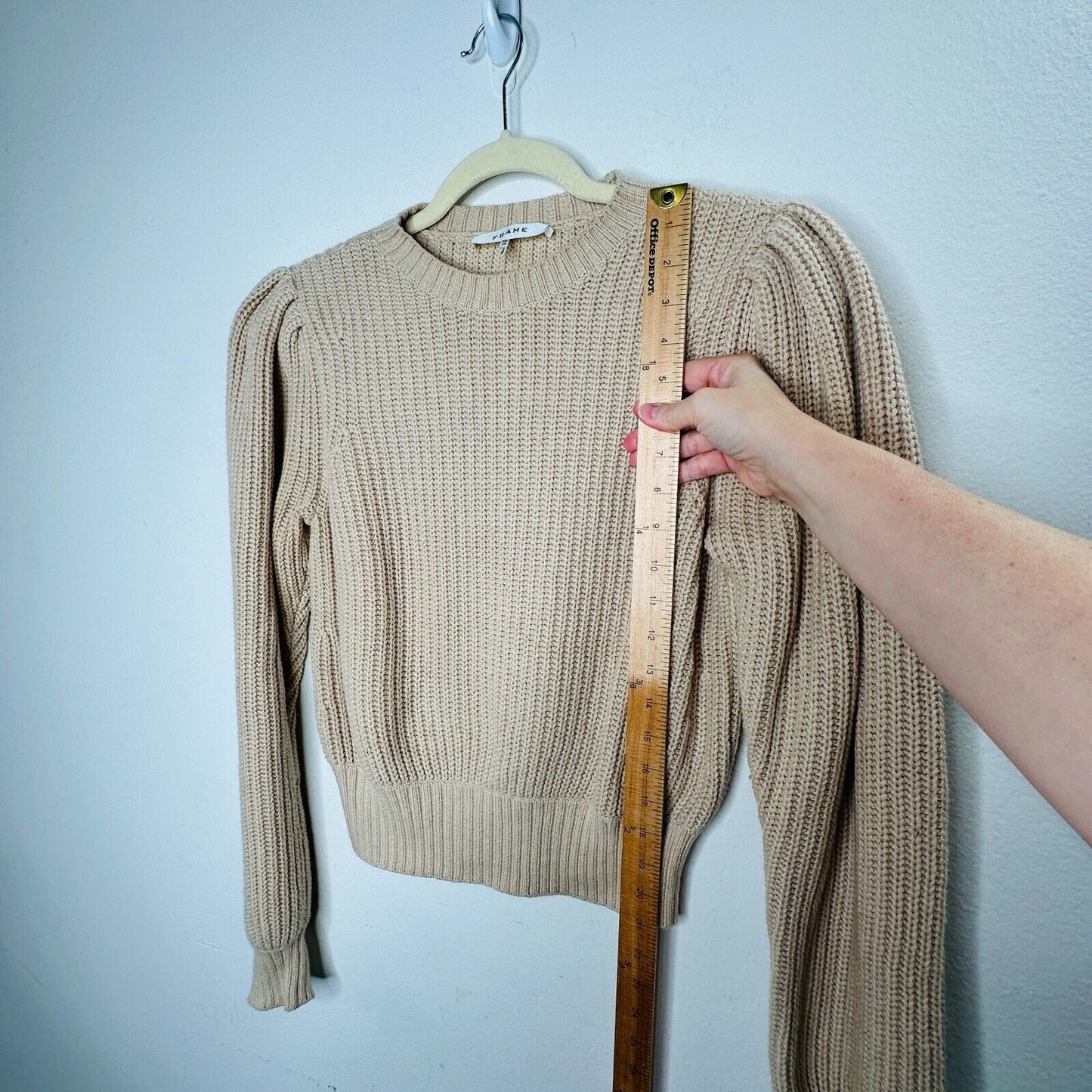 Frame Tan Ribbed Cable Knit Crew Neck Balloon Puff-Sleeve Banded Crop Sweater XS
