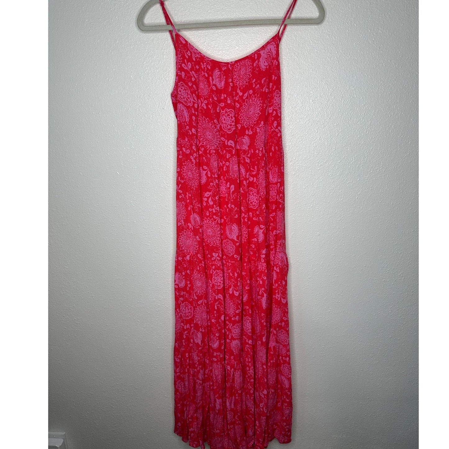 Lush Red & Pink Scoop Neck Open Tie Back Floral Print Boho Midi Sun dress S