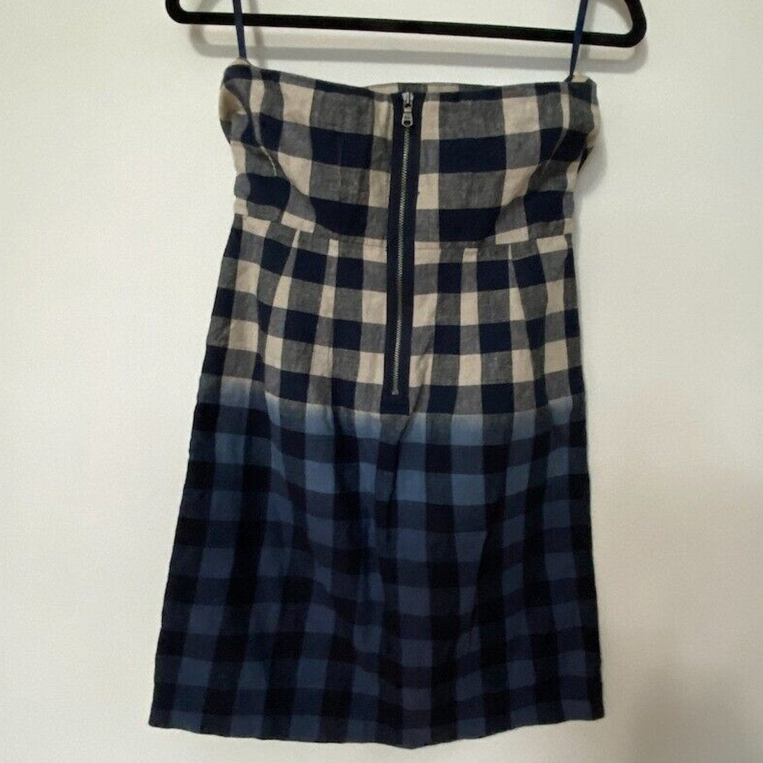 Gap Cute Plaid Linen Tan Black Blue Navy Ombre Strapless Dress Side Pockets 2