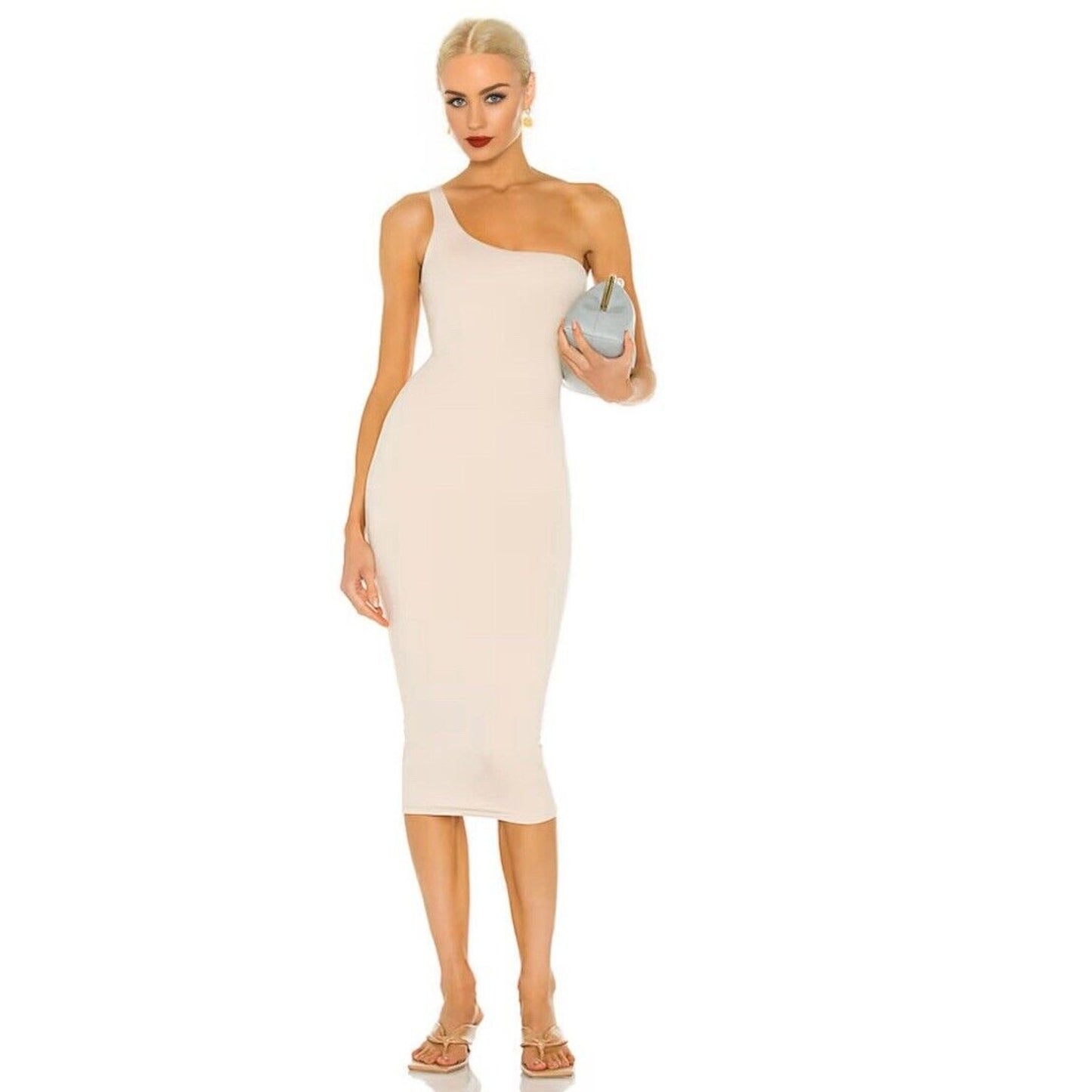 Re Ona Ivory Sophia One Shoulder Sexy Bodycon Knit Lined Midi Dress Medium