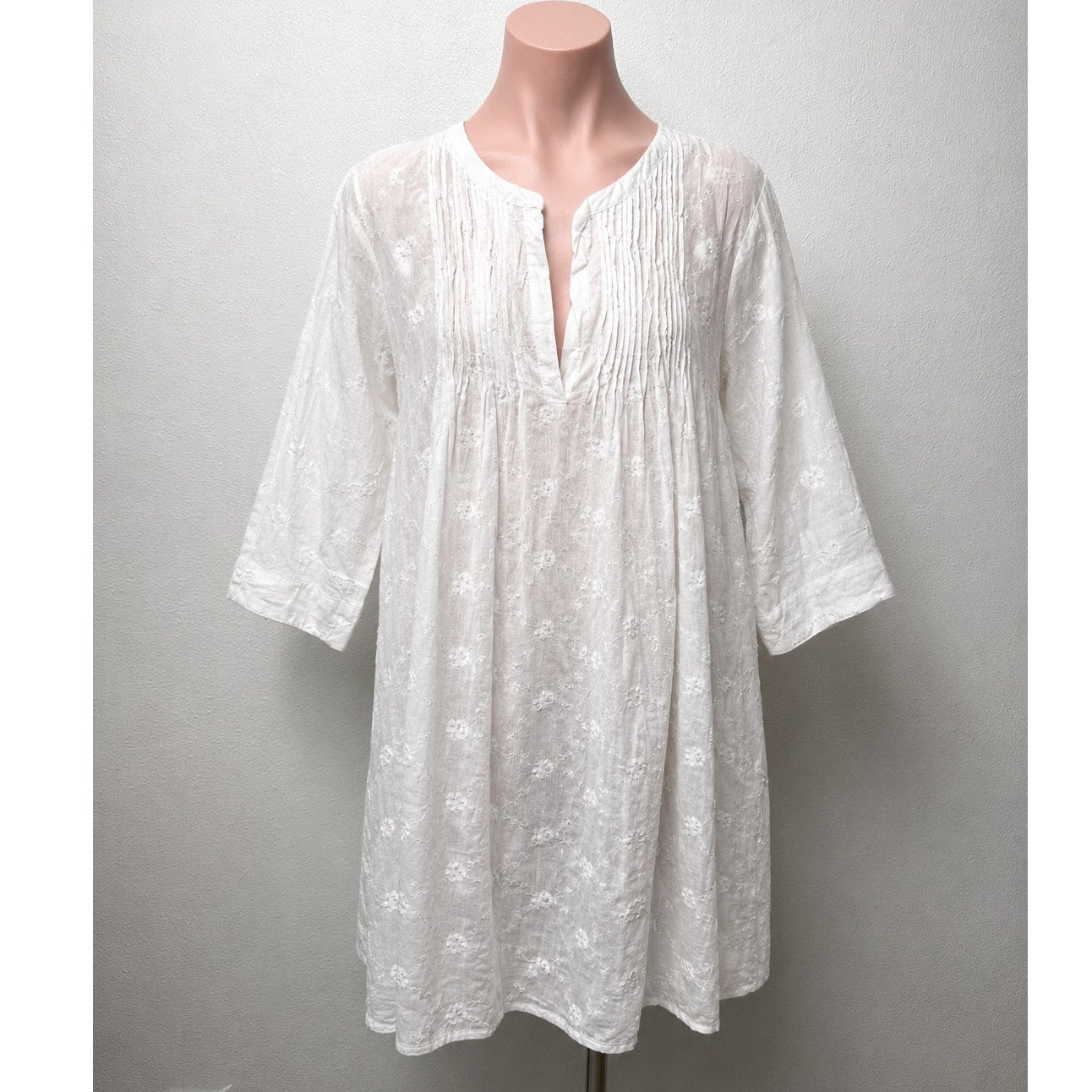 Antica Sartoria Gauze and Crochet Beaded Half Button White Dress 3/4 Sleeves S
