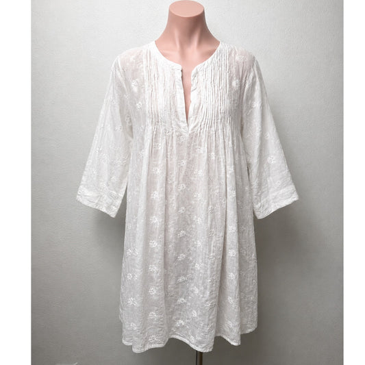 Antica Sartoria Gauze and Crochet Beaded Half Button White Dress 3/4 Sleeves S