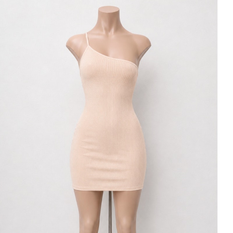 Enza Costa Sexy Cream One Shoulder Spaghetti Strap Ribbed Bodycon Mini Med