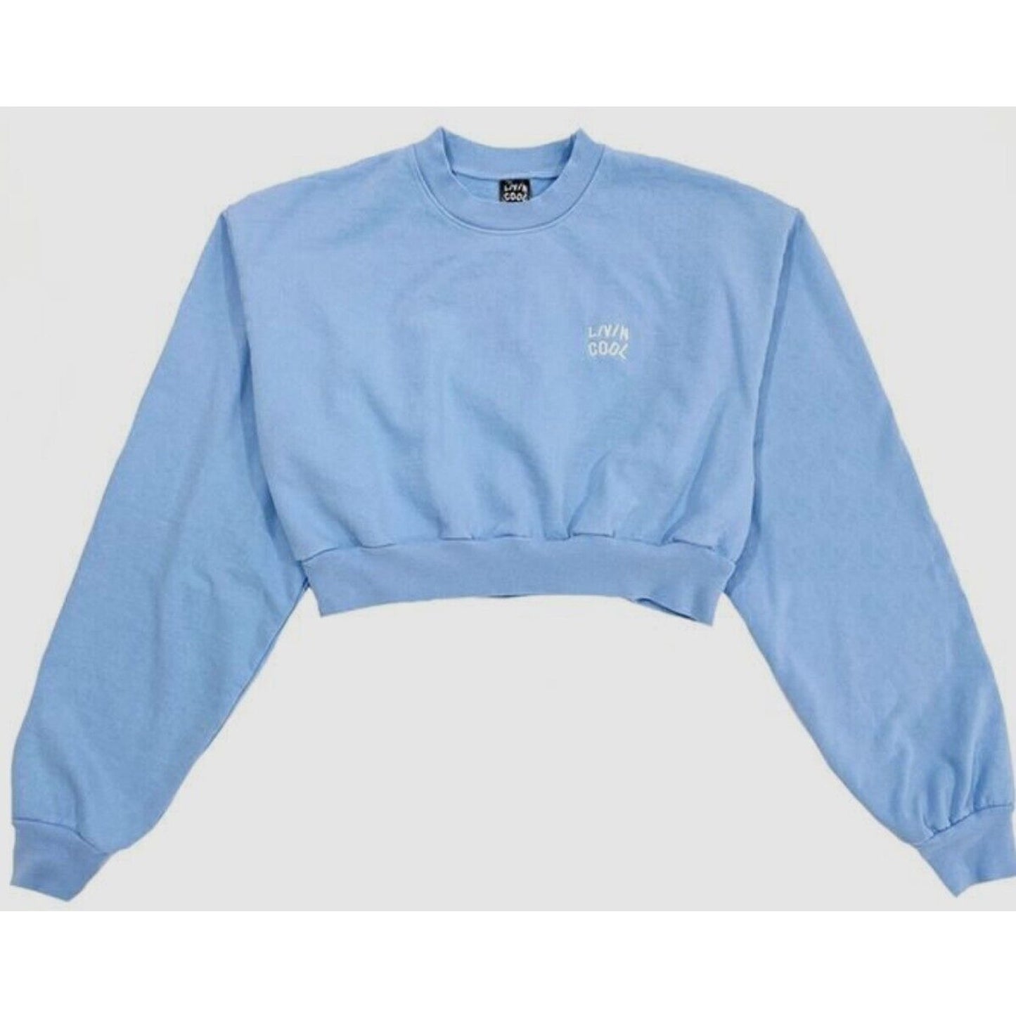 NWOT Living Cool Baby Blue Embroidered Wavy Logo Cropped Long Sleeve Sweatshirt
