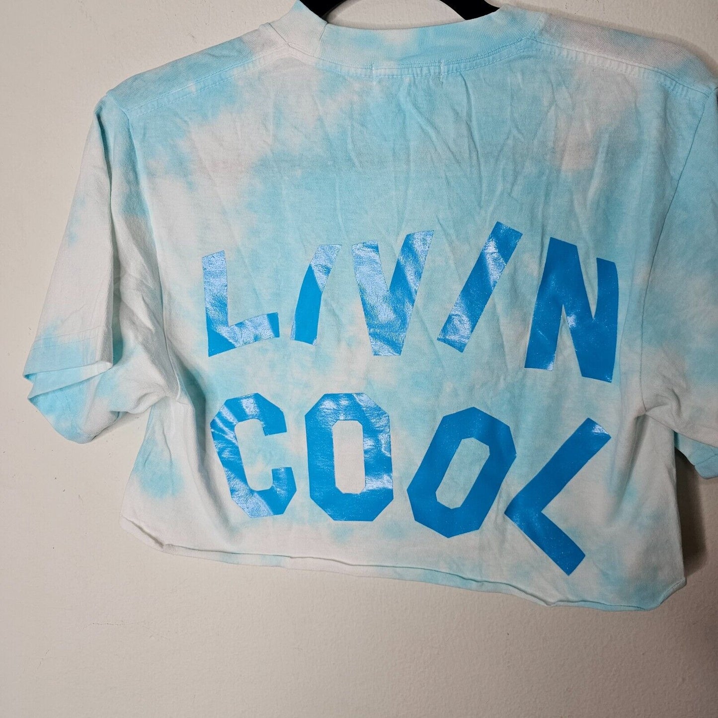 Livin Cool Pale Blue White Tie Dye Livin Cool Logo Short Sleeve Crop Tee XS