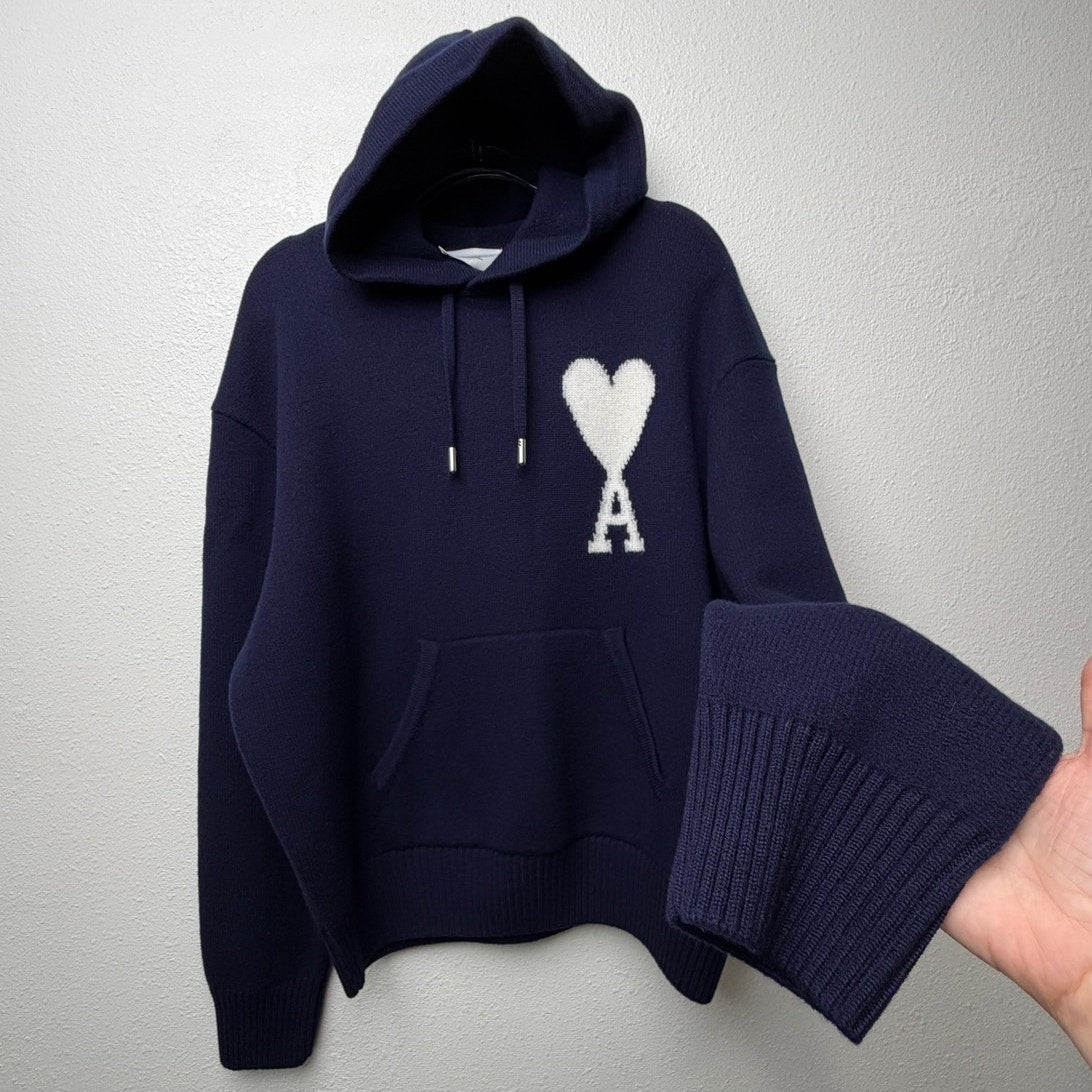 AMI Paris Ami de Coeur Heart Logo Navy Wool Knit Hoodie Men's US L