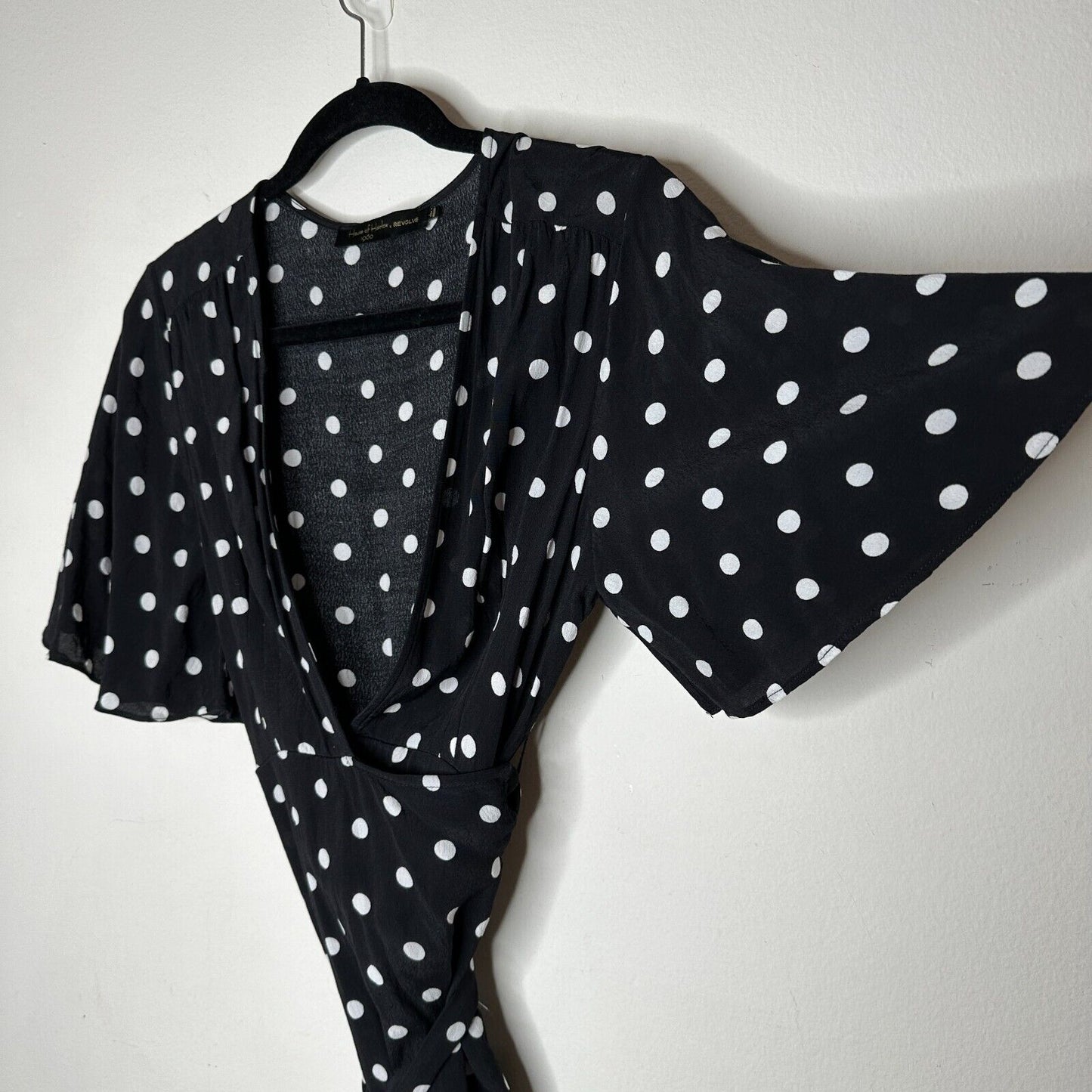 House of Harlow Black White Polka Dot Harper Wrap Mini V-neck Short Sleeve Tie L