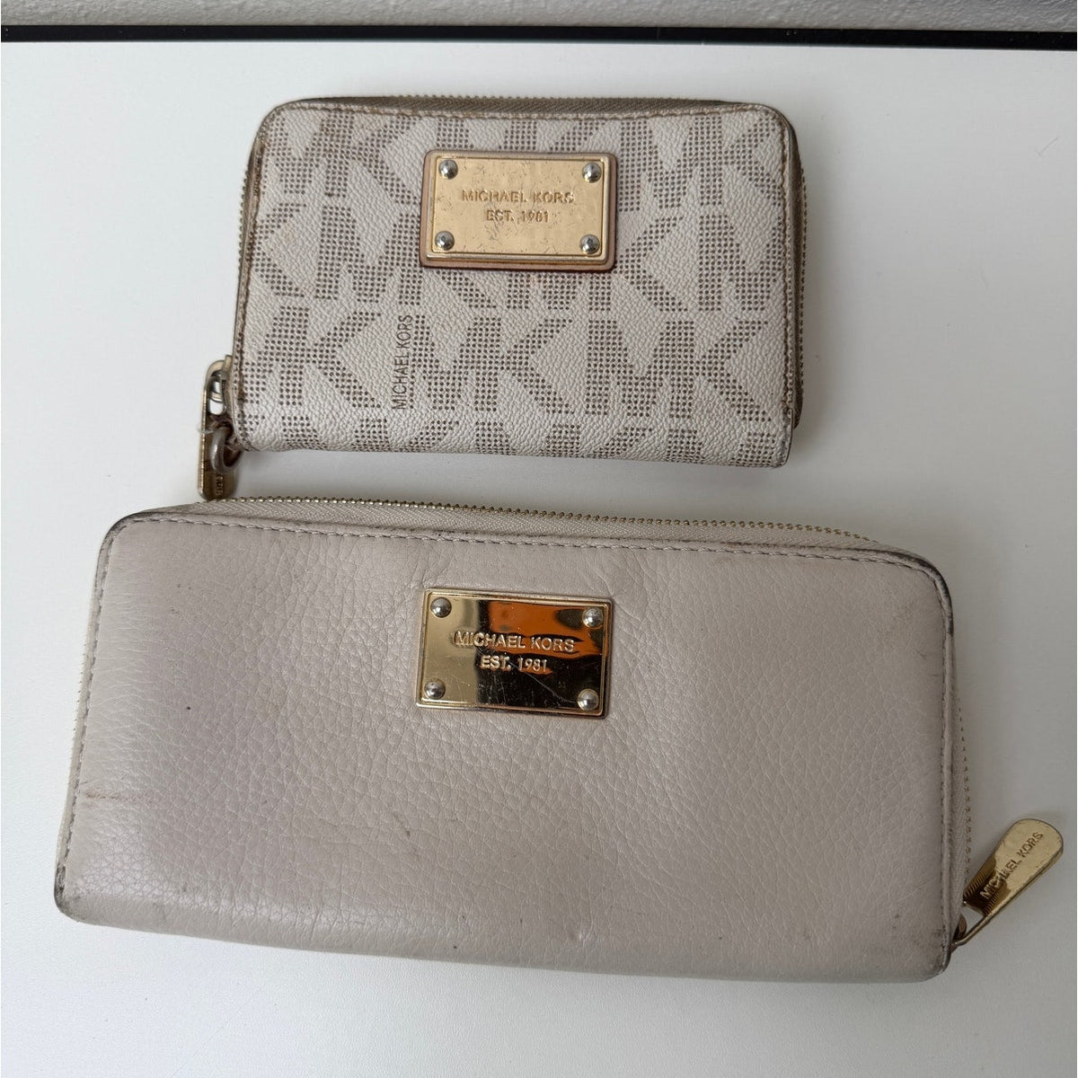Michael Kors Set of 2 Cream Beige Signature Logo Zip Wallets