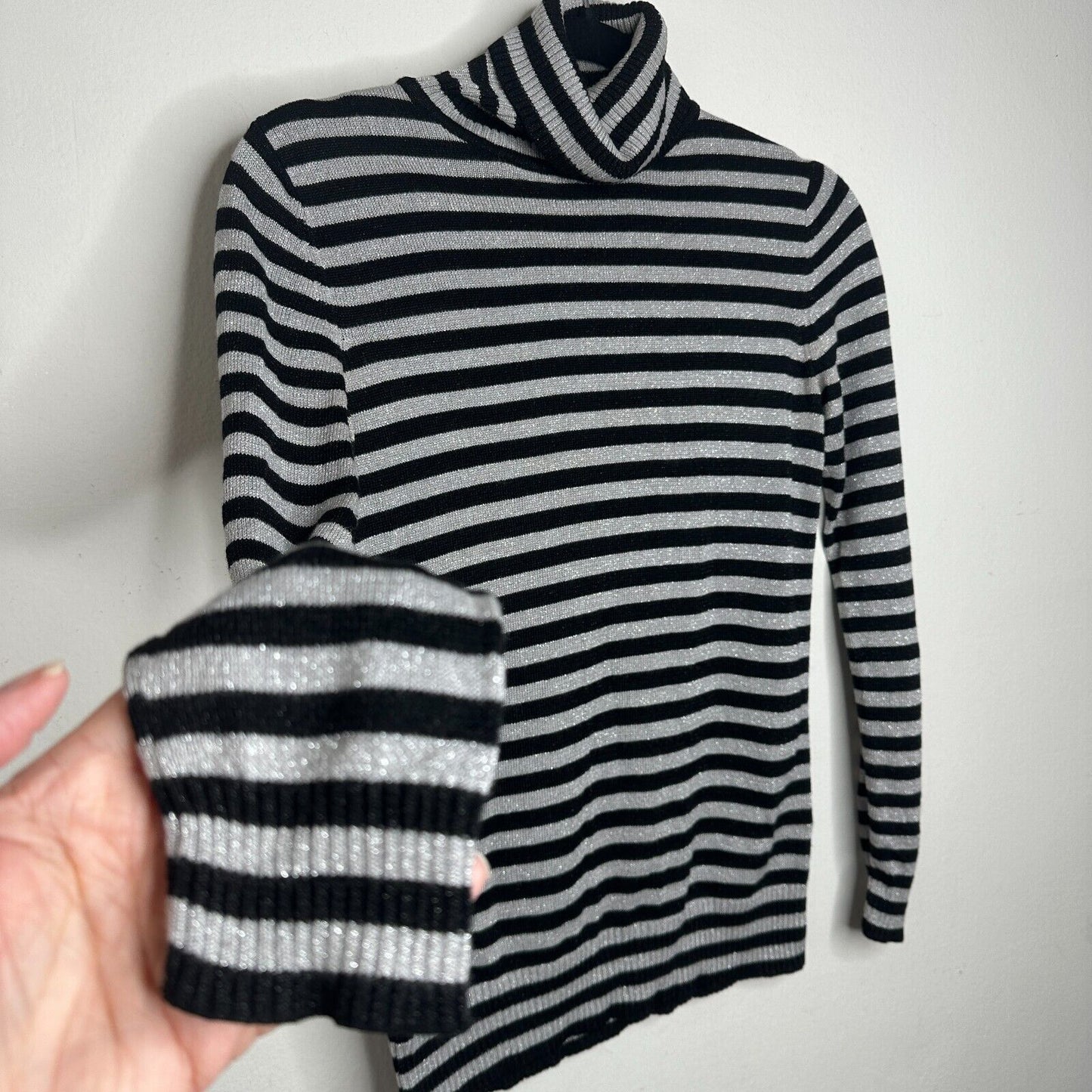 Joseph A. Silver & Black Stripe Metallic Knit Turtleneck Long Sleeve Sweater PP