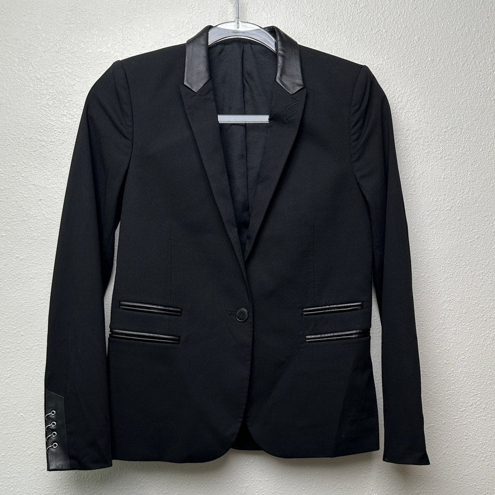 The Kooples Black Faux Leather Trim Blazer Women US 0 (EU 32)