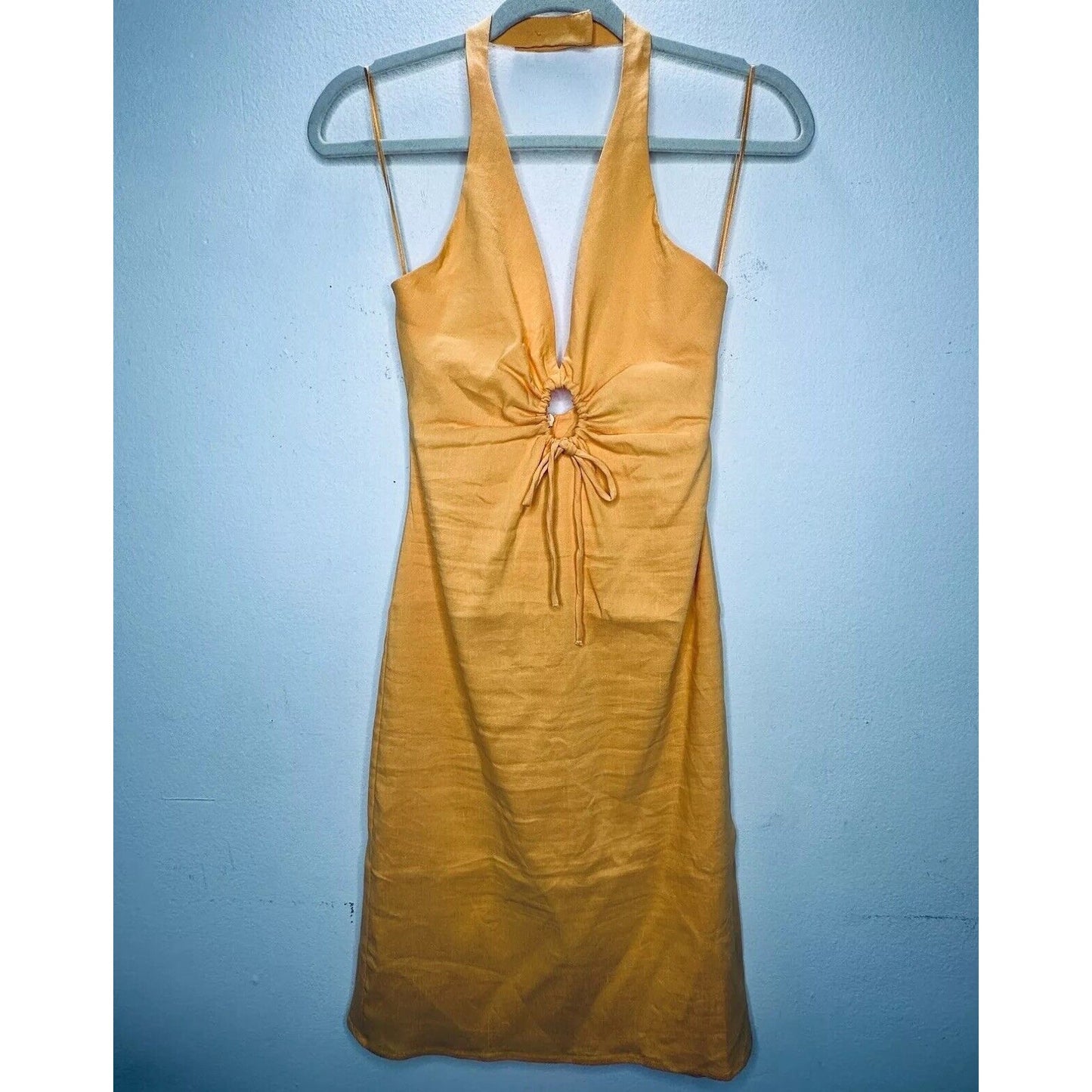 Zara Mustard Yellow Halter V-Neck Sun Dress O-Ring Cutout Front Open Back Small