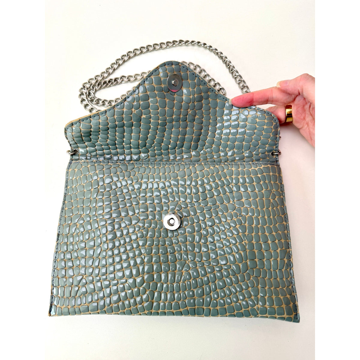 JJ Winters Blue Gray Croc Envelope Chain Bag Women's