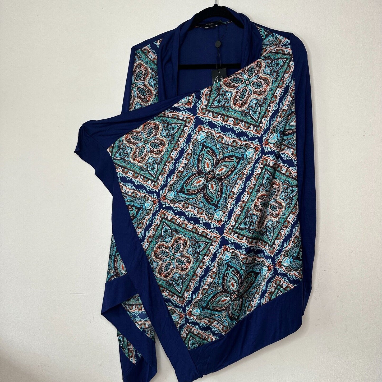 Vertigo Satin High Low Paisley Royal Blue Orange Long Sleeve Drape Cardigan S