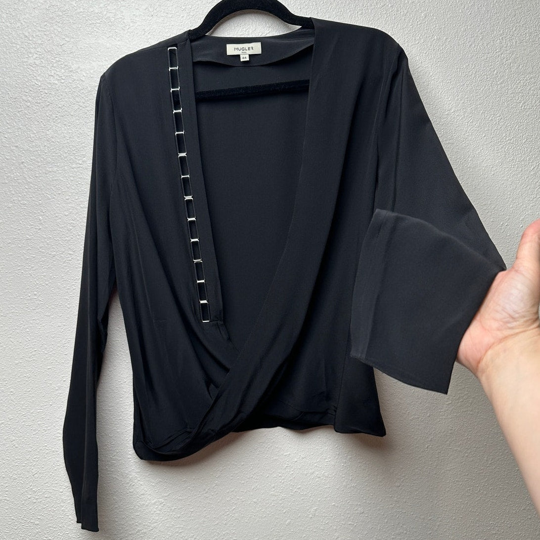 Mugler Black Silk Faux Wrap Chain Detail Blouse Women’s US 12