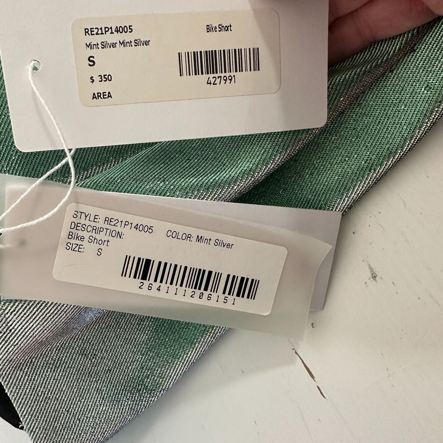 NWT AREA Mint Green Silver Lamé Cycling Shorts above knee Reflective Biker Small
