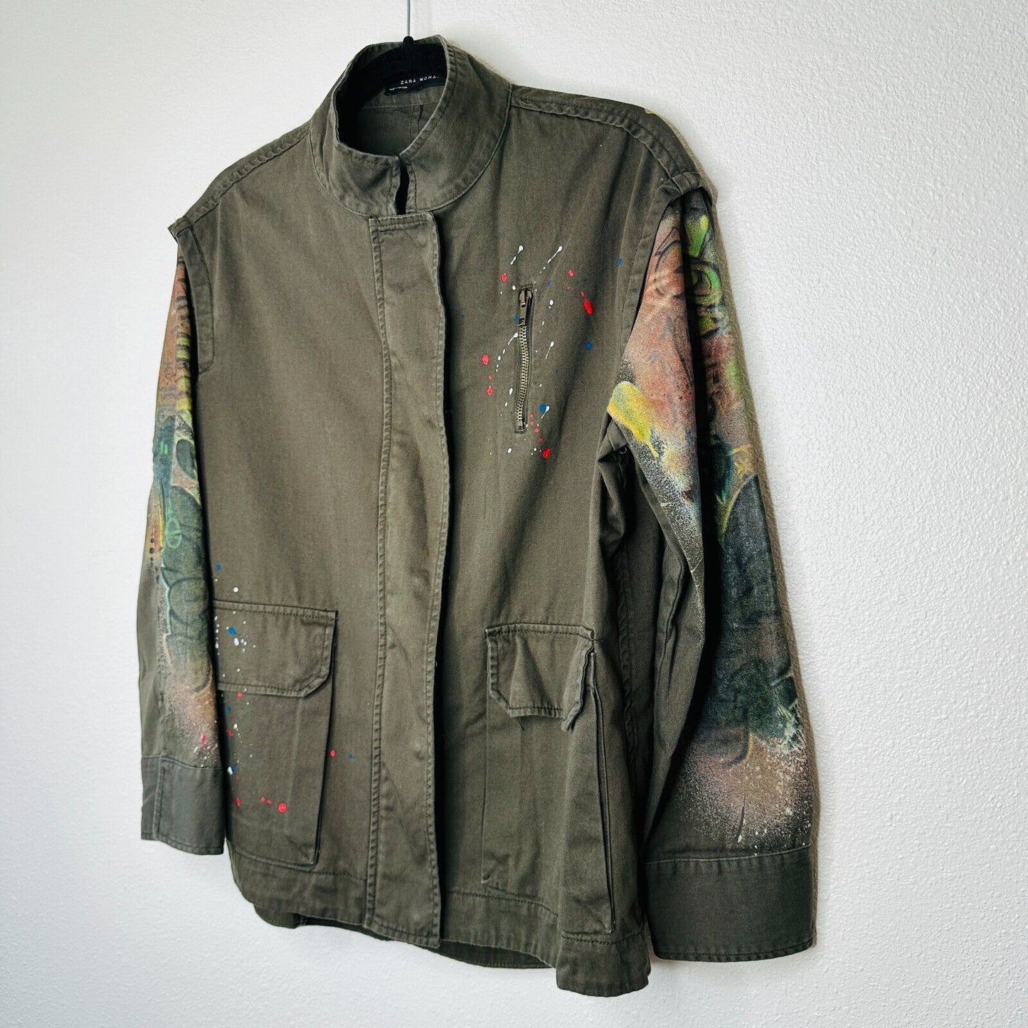 Zara Army Green Grafitti New York Jungle Oversize Zip Utility Jacket 100% Cotton