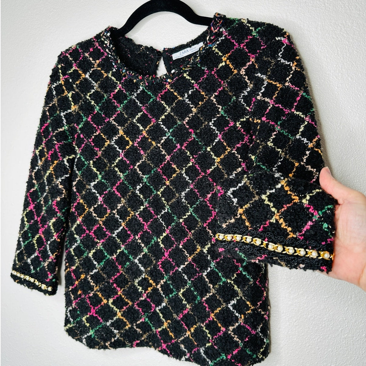 Zara Black Multicolor Boucle Knit Sweater with Pearl Detail on Sleeves Top S