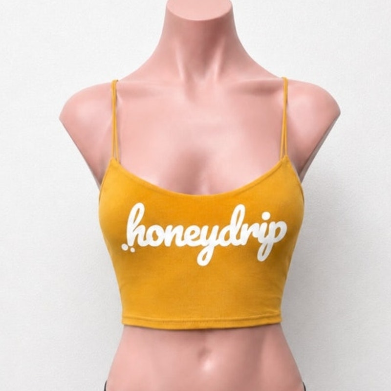 Mustard Yellow Honeydrip Graphic Crop Top Stretchy Spaghetti Strap Cami S