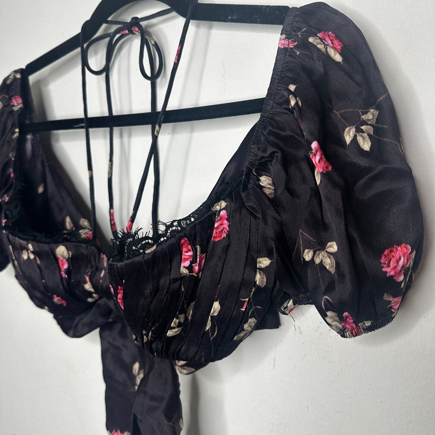 Rat & Boa Bonita Chic Satin Black Pink Floral Tie Top Sweetheart Neck Lace S