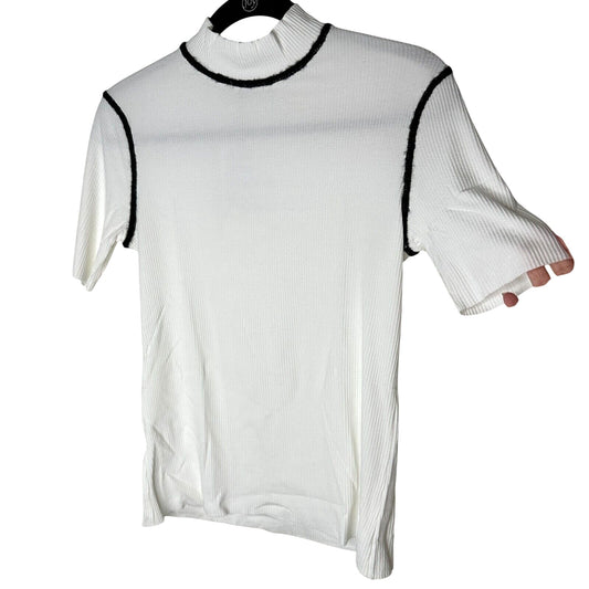 Zara Ivory Black Fuzzy Stitch Lining Mock Neck Short Sleeve Rib Raw Hem Top M