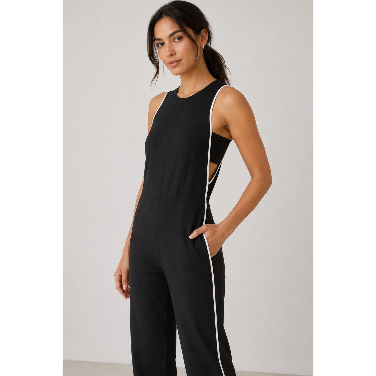 Rag & Bone Luna Black White Trim Sleeveless High Neck Cut Out Sides Jumpsuit 2