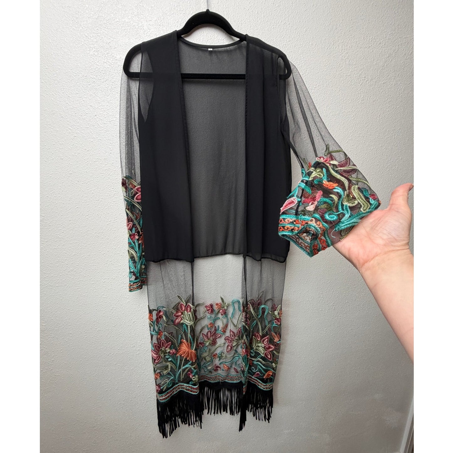 Sheer Floral Embroidered Fringe Kimono Duster Black Women’s M