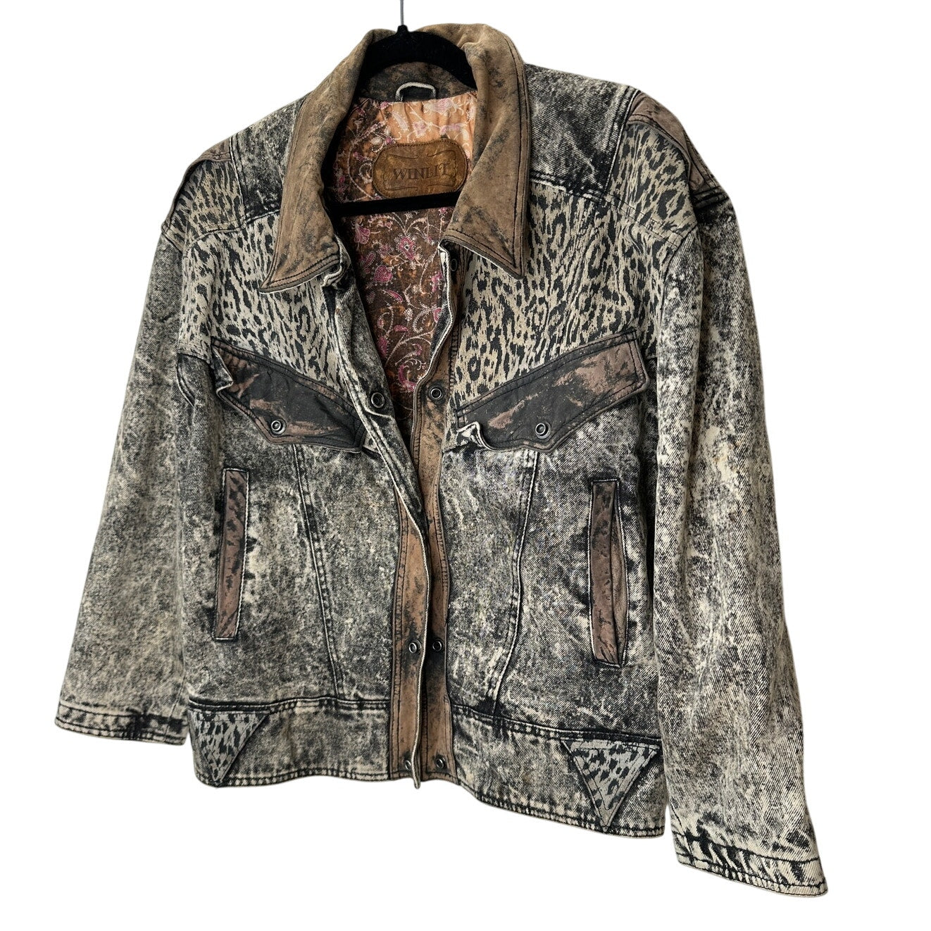 Winlit Vintage Tan Black Suede & Denim Acid Wash Animal Print Biker Jacket S