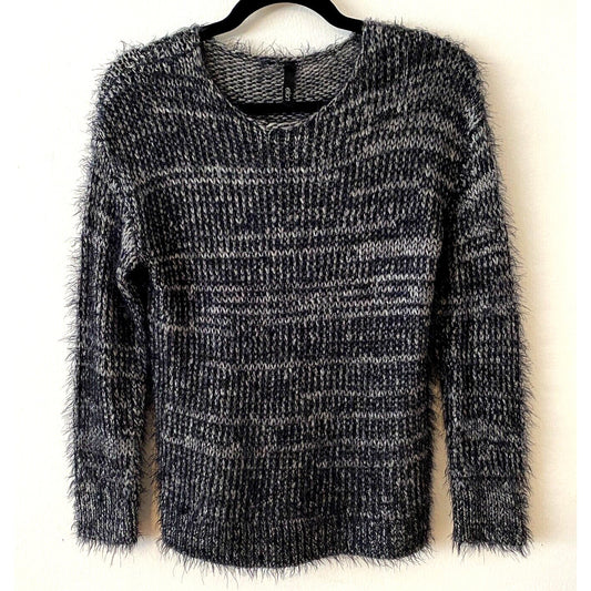 Elan Black Gray Marled Fuzzy Long Sleeve Round Neck Cable Knit Sweater Small