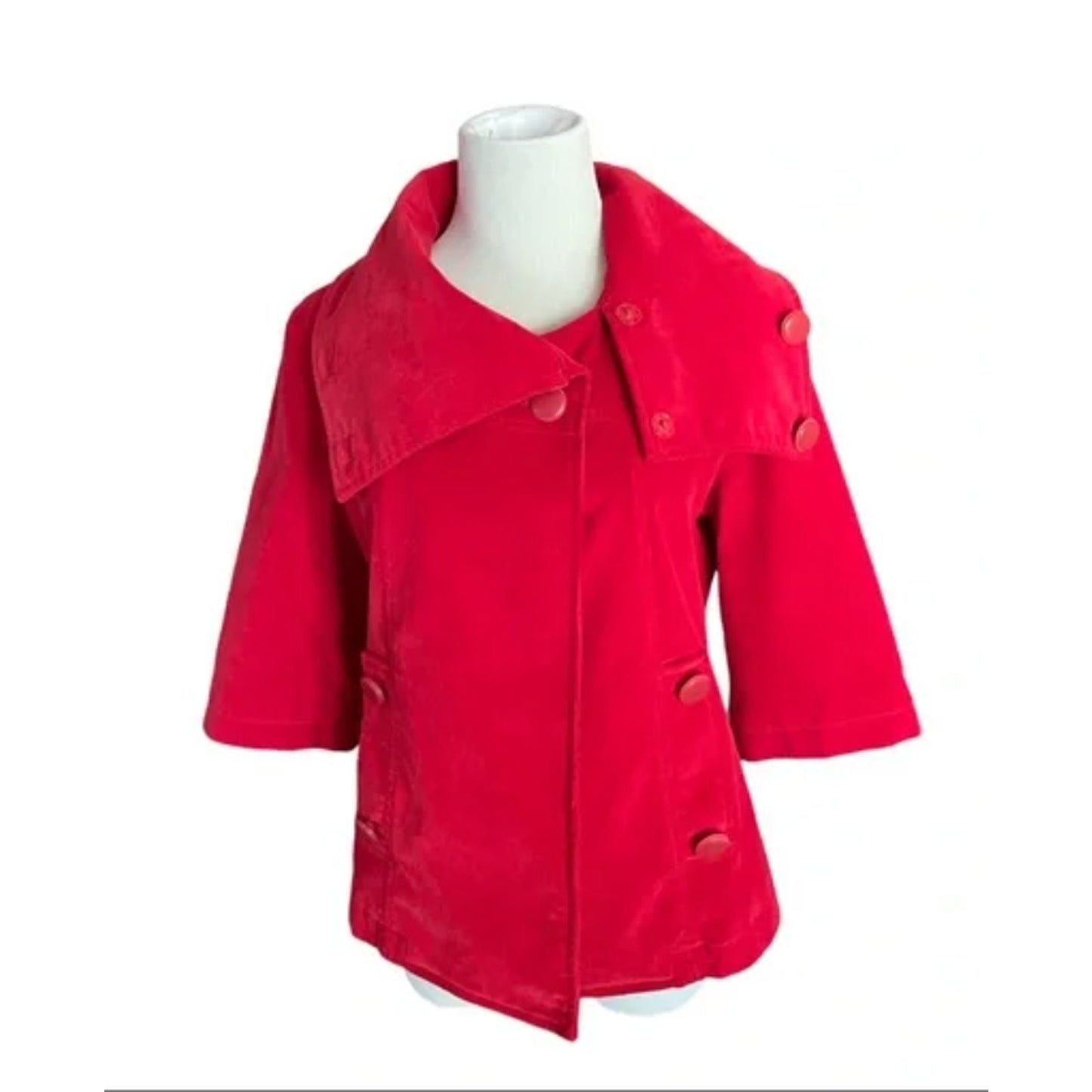 Tulle Red Corduroy Turquoise Lined Foldover Collar Jacket 3/4 Sleeves S