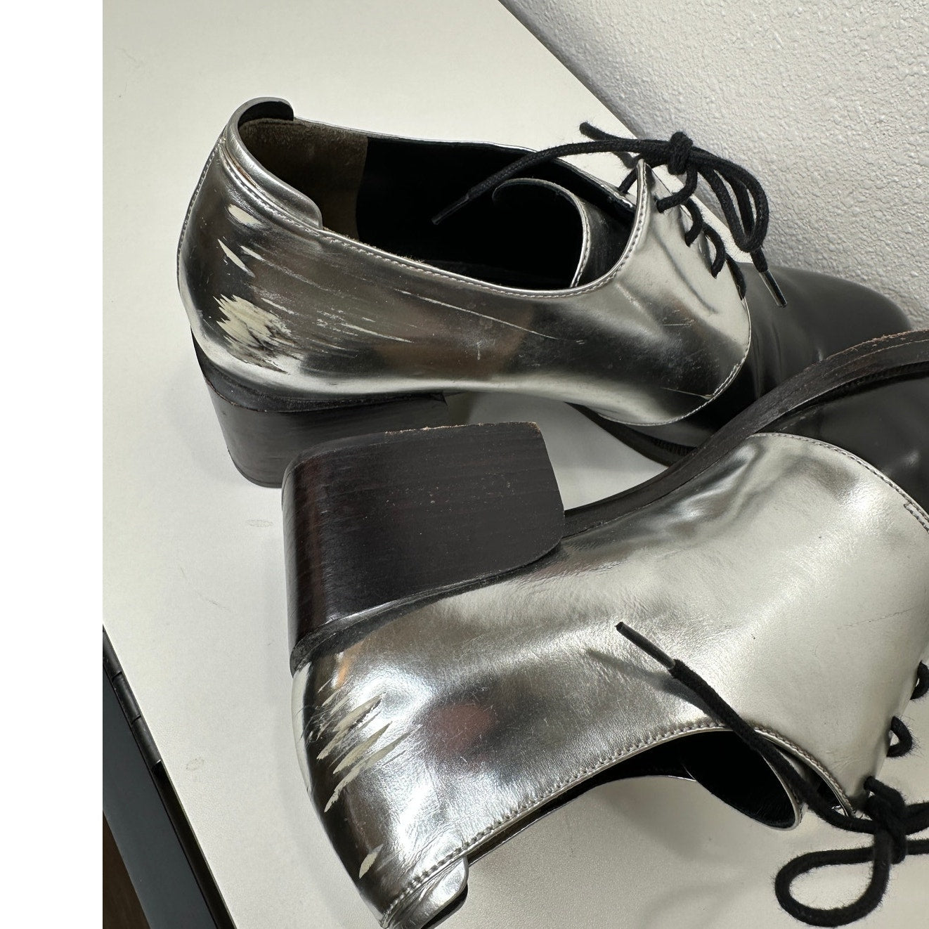 3.1 Phillip Lim Jillian Metallic Silver Shiny Black Oxford Tie Shoe 38 / 7.5