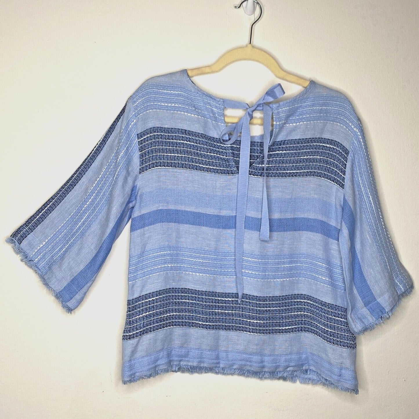 Cloth & Stone Light Blue & Navy Stripe Linen Bell Sleeve Raw Hem Tie Neck Top XS