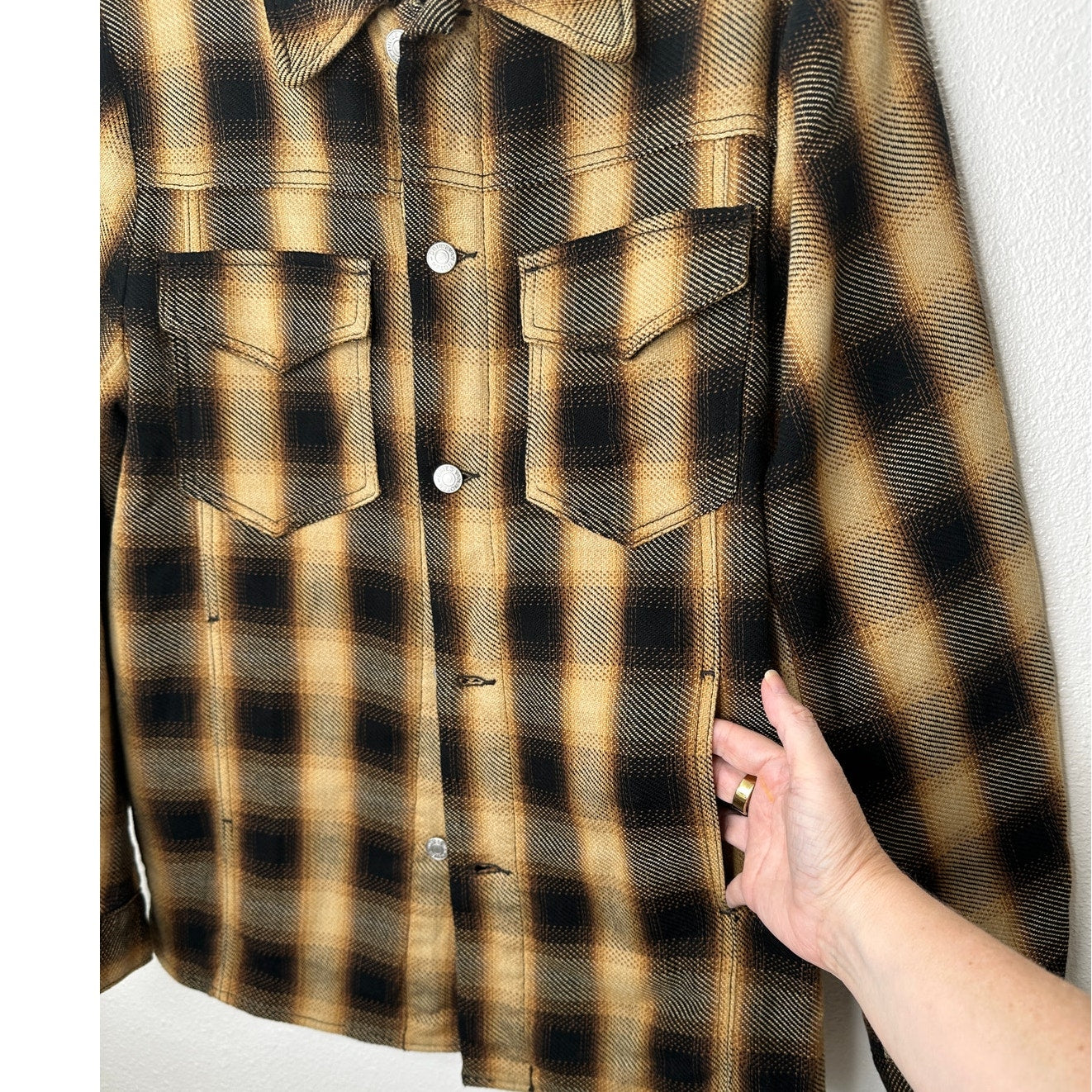 Dries Van Noten Butter Yellow Brown & Black Plaid Flannel Overshirt L