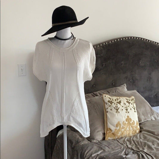 White Ivory Knit Asymmetrical Round Neck Short Sleeve Sweater S