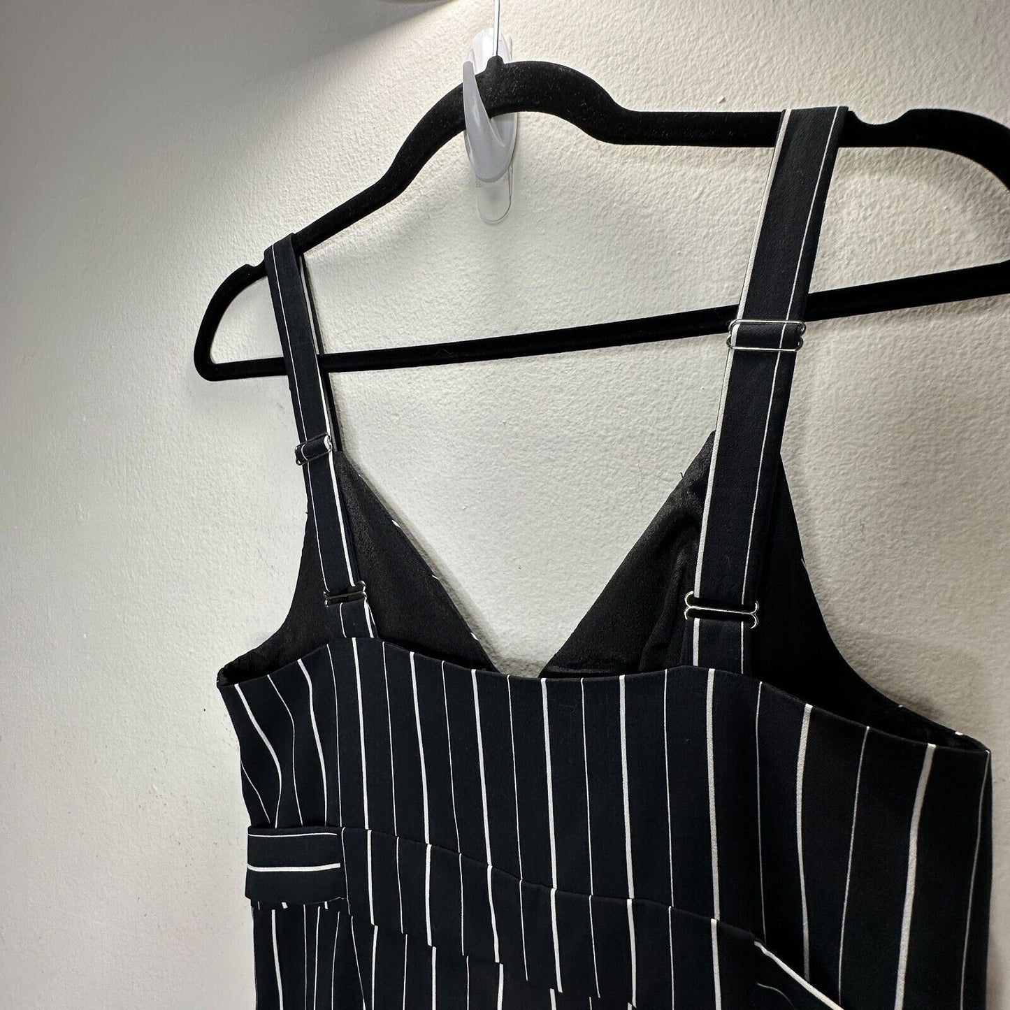 Dance & Marvel Black & White Pinstripe Cinched Sides Wide Leg Front Zip Jumpsuit