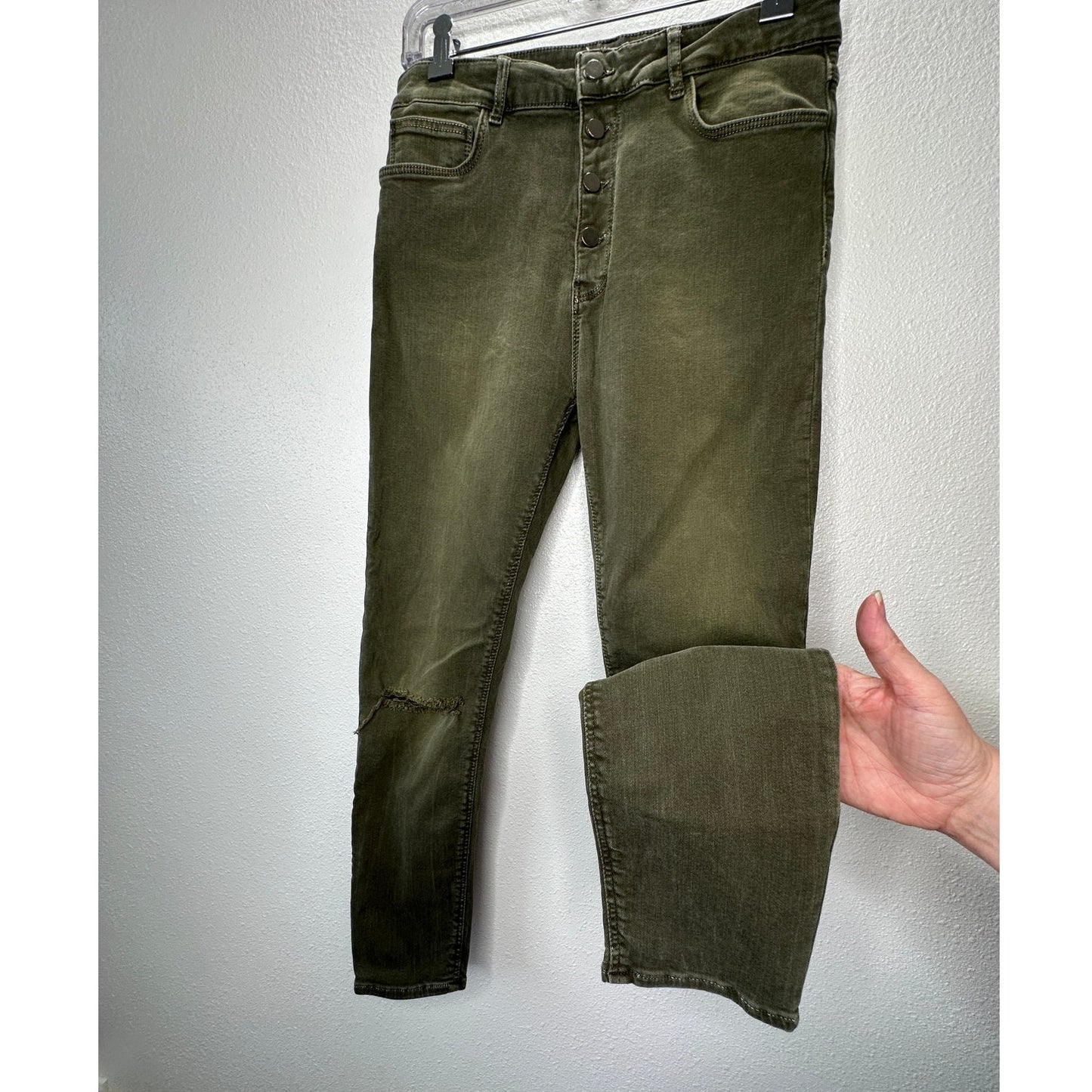 Zara Women Olive Green Button Fly Distressed Knee Skinny Jean High Waist 10