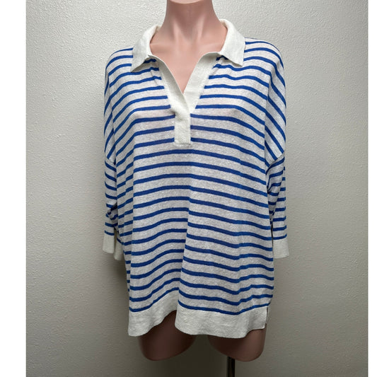 Poetry Ivory Blue Striped Linen Knit Collared V-Neck Boxy Sweater US 12