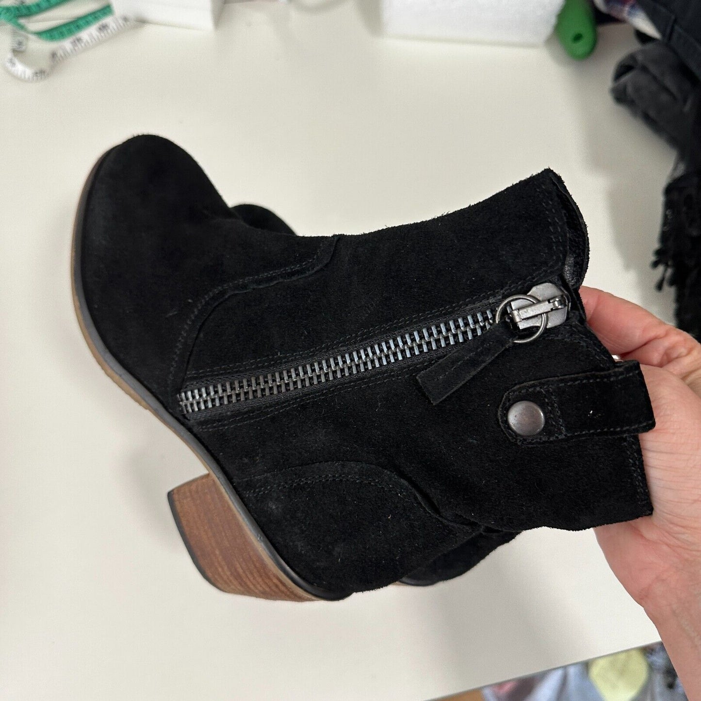 Steve Madden Windey Sexy Black Suede Leather Side Zip Wood Block Heel Boots 6.5