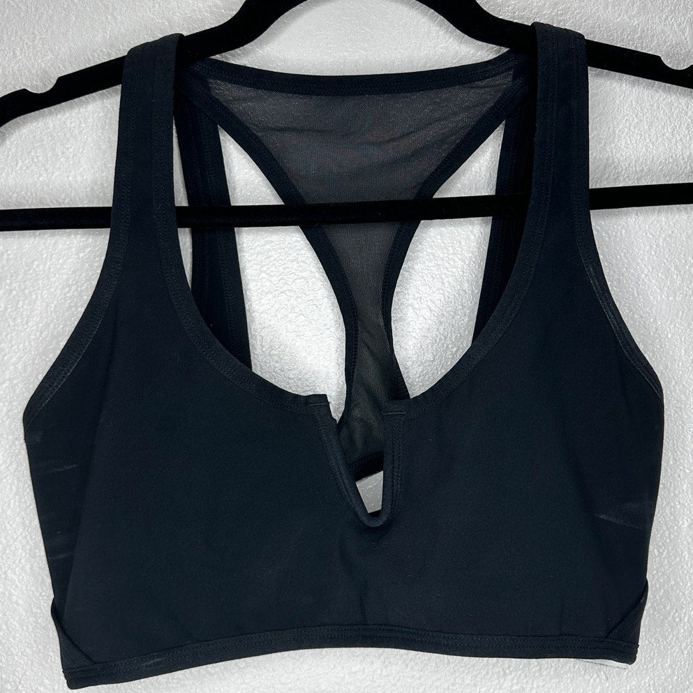 L SPACE Black V-Neck Back Mesh Racerback Sports Bra Large
