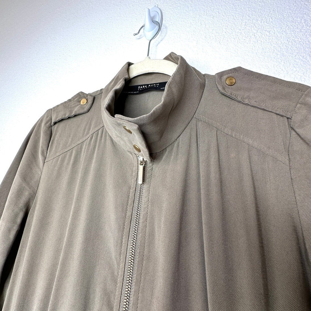 Zara Olive Green 3/4 Cuffed Sleeve Collared Zip Cinch Waist Jacket XS