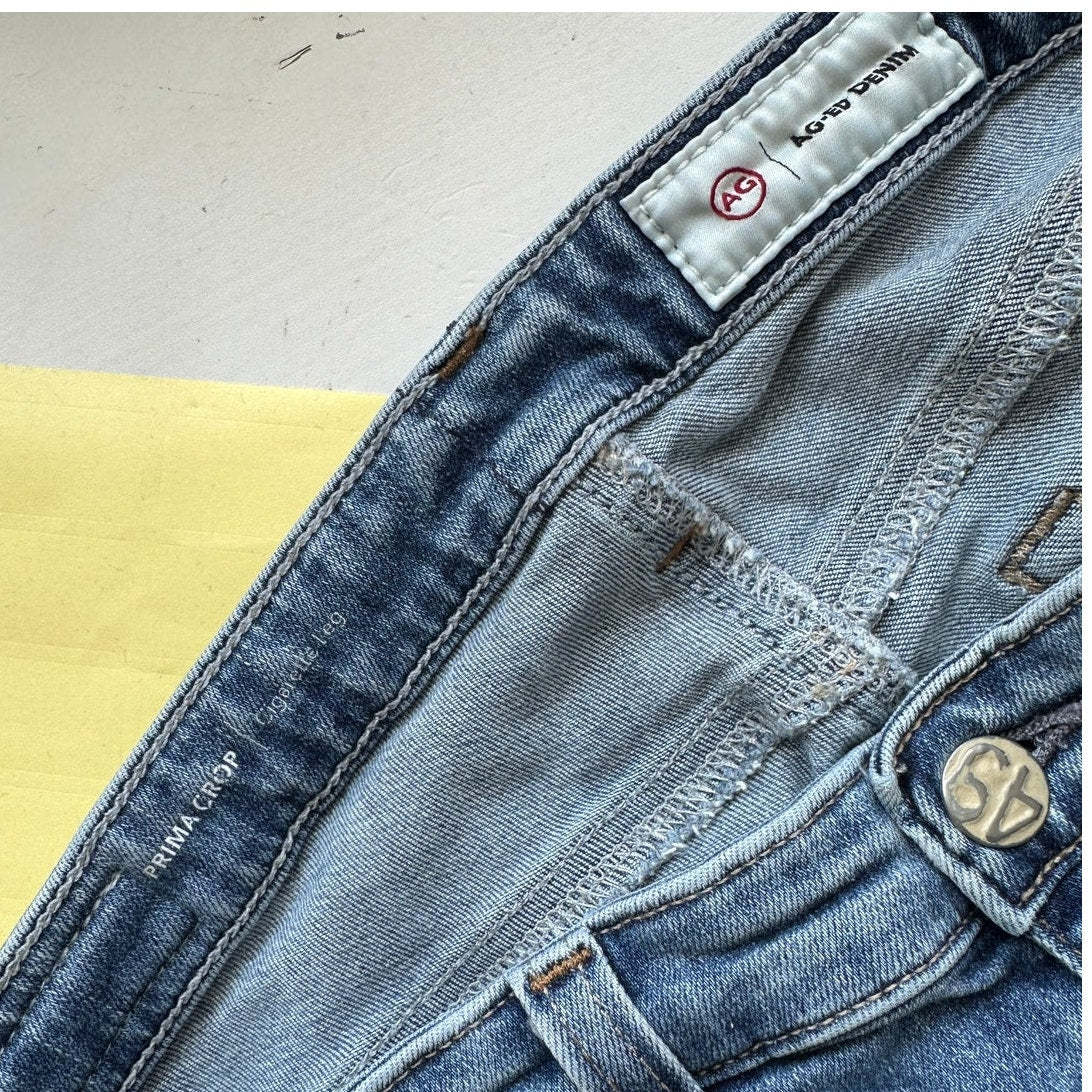 AG Medium Wash Whiskered Prima Crop Cigarette Leg Jeans 30