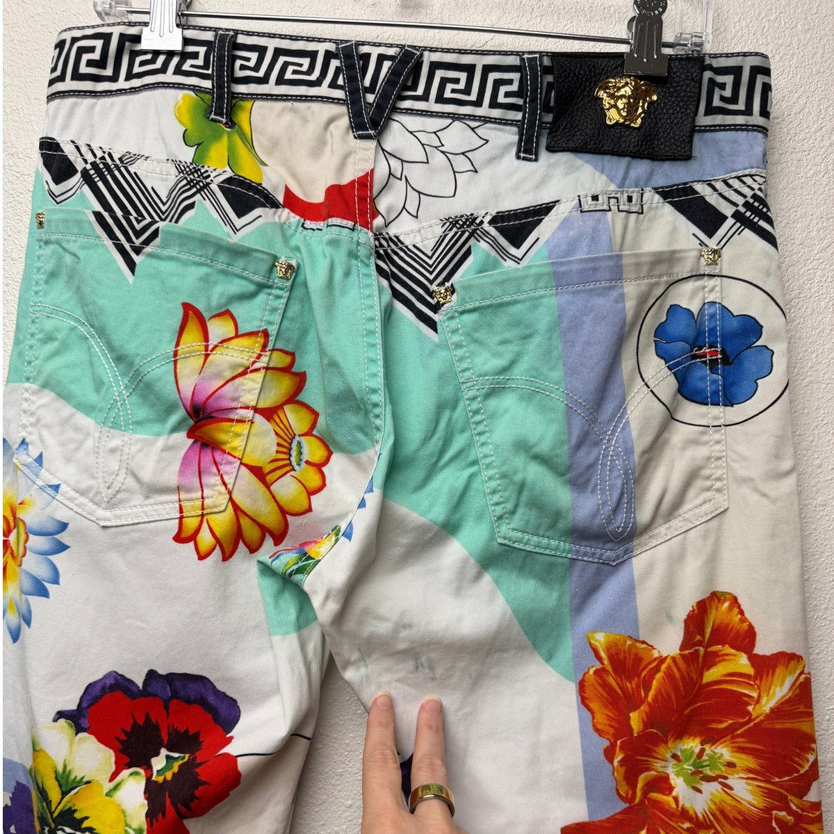 Versace Multicolor Floral Medusa Greek Key Print Cotton Jeans Men's US 34