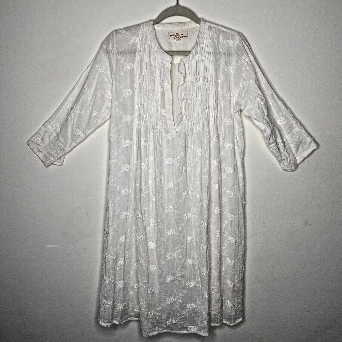 Antica Sartoria Gauze and Crochet Beaded Half Button White Dress 3/4 Sleeves S
