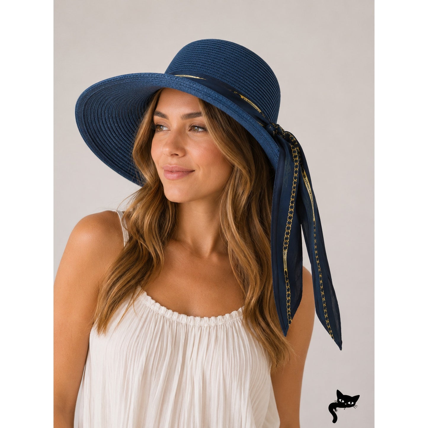 PG Accessories Navy Blue Paper Straw Summer Hat Tie Sash