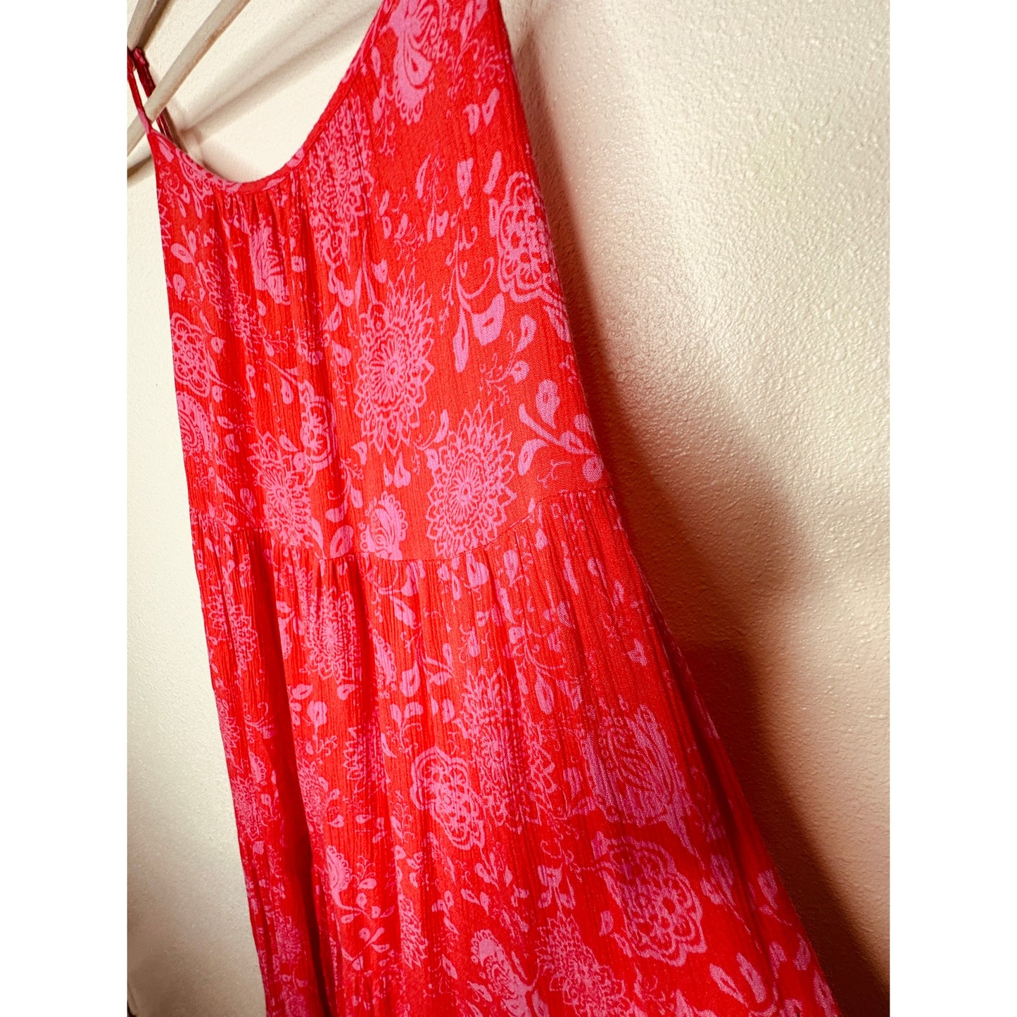 Lush Red & Pink Scoop Neck Open Tie Back Floral Print Boho Midi Sun dress S