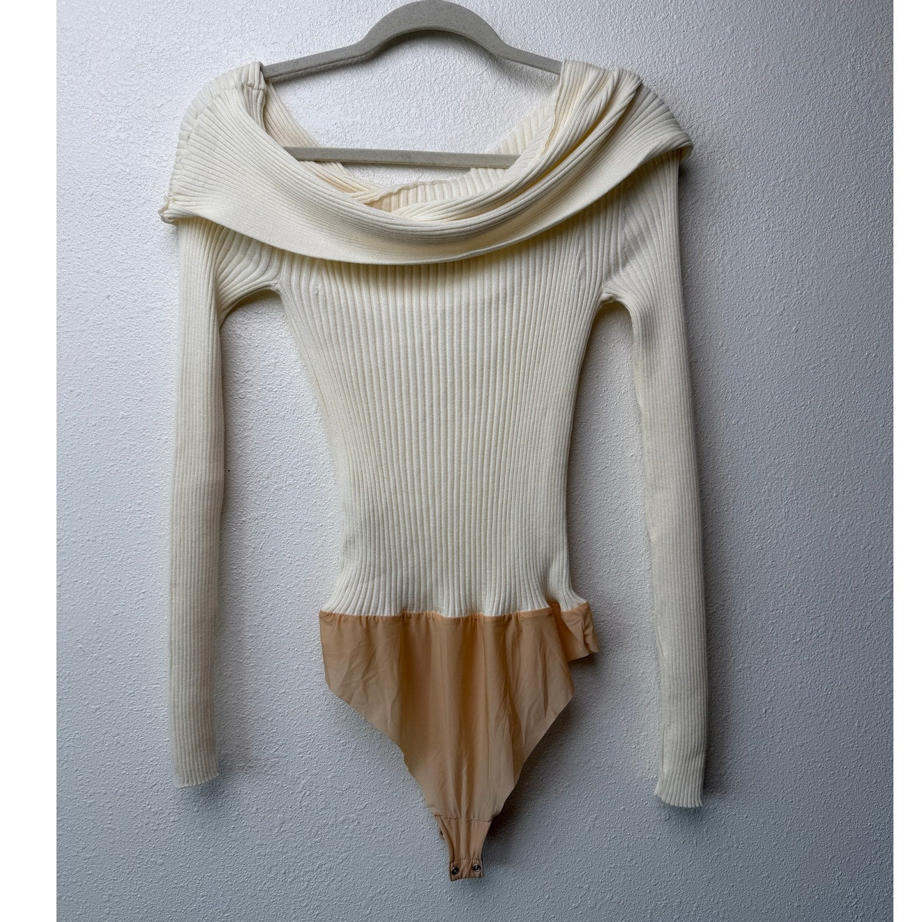 Wolford x Simkhai Ribbed Off Shoulder Wool Bodysuit Cream S
