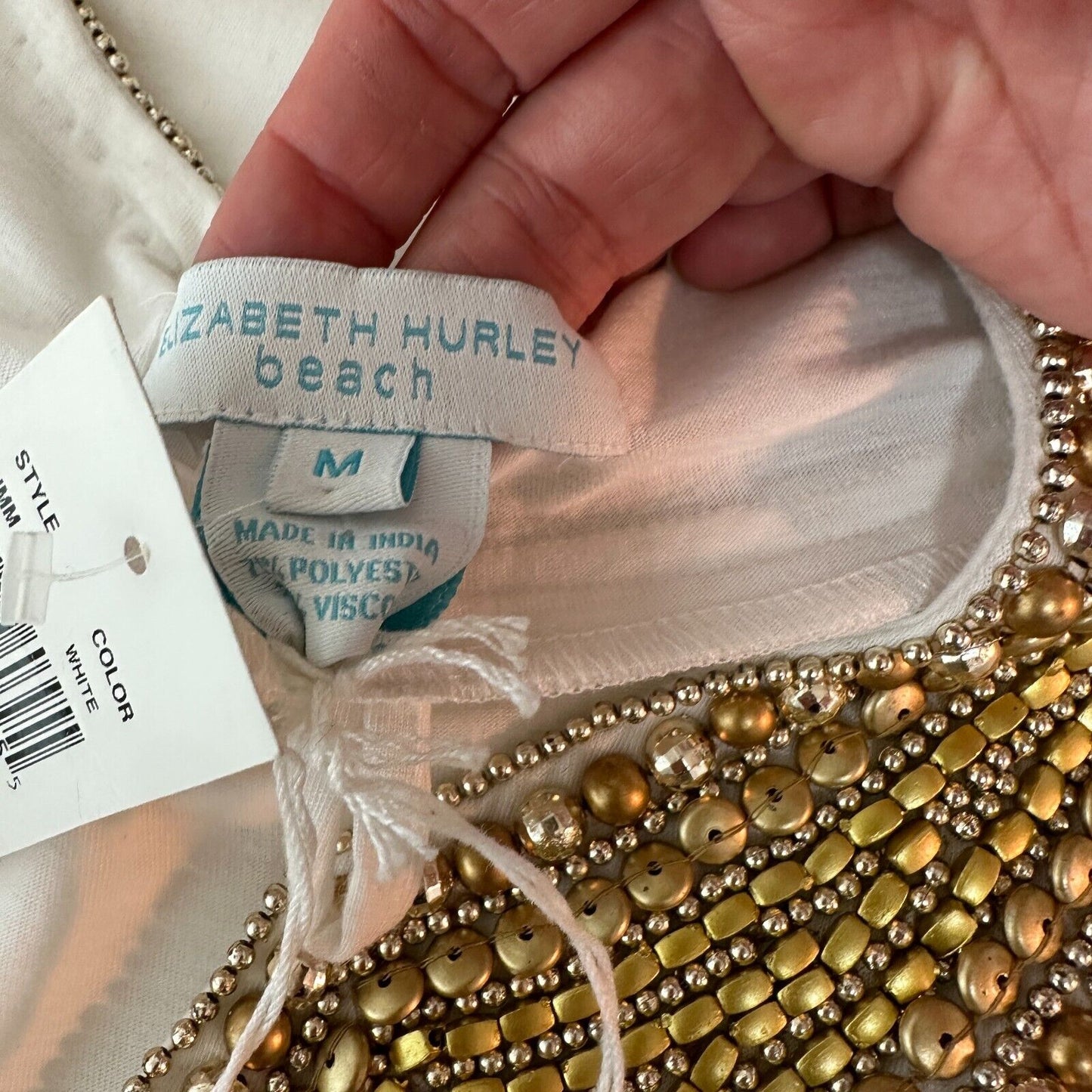 NWT Elizabeth Hurley Beach White Jemima Maxi Gold Embellished Bead Neckline Med
