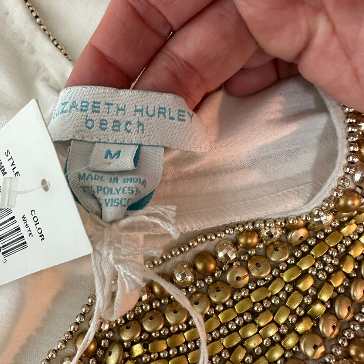 NWT Elizabeth Hurley Beach White Jemima Maxi Gold Embellished Bead Neckline Med