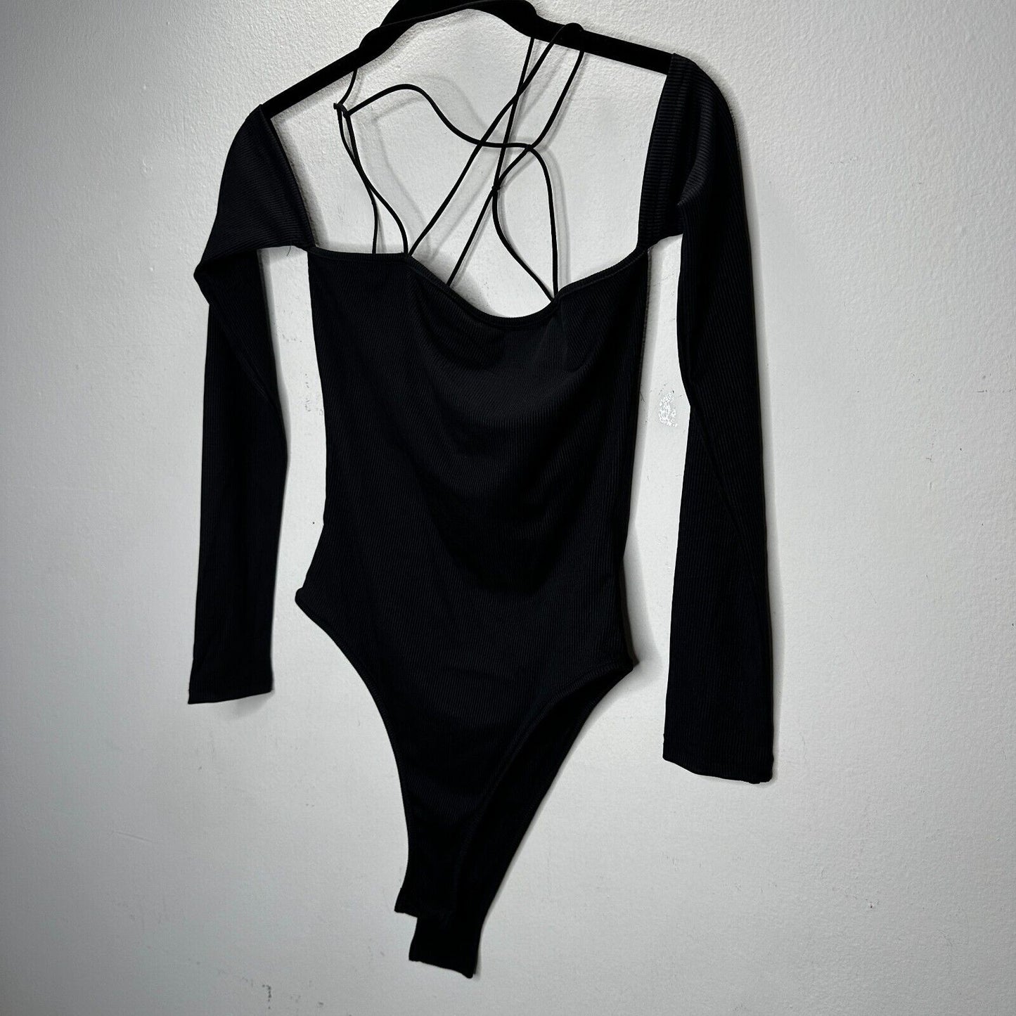 Black Bandeau Style Attached Arm Sleeve Criss Cross Back Bodysuit Snap Close M