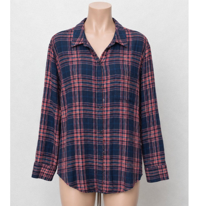 Treasure & Bond Navy Red White Plaid Collared Button Down Boyfriend Shirt L