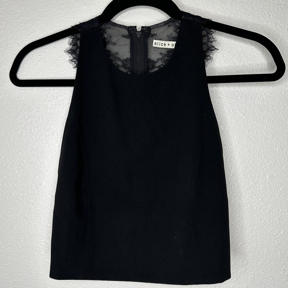 Alice + Olivia Crepe de Chine Black Lace Going Out Crop Top 0